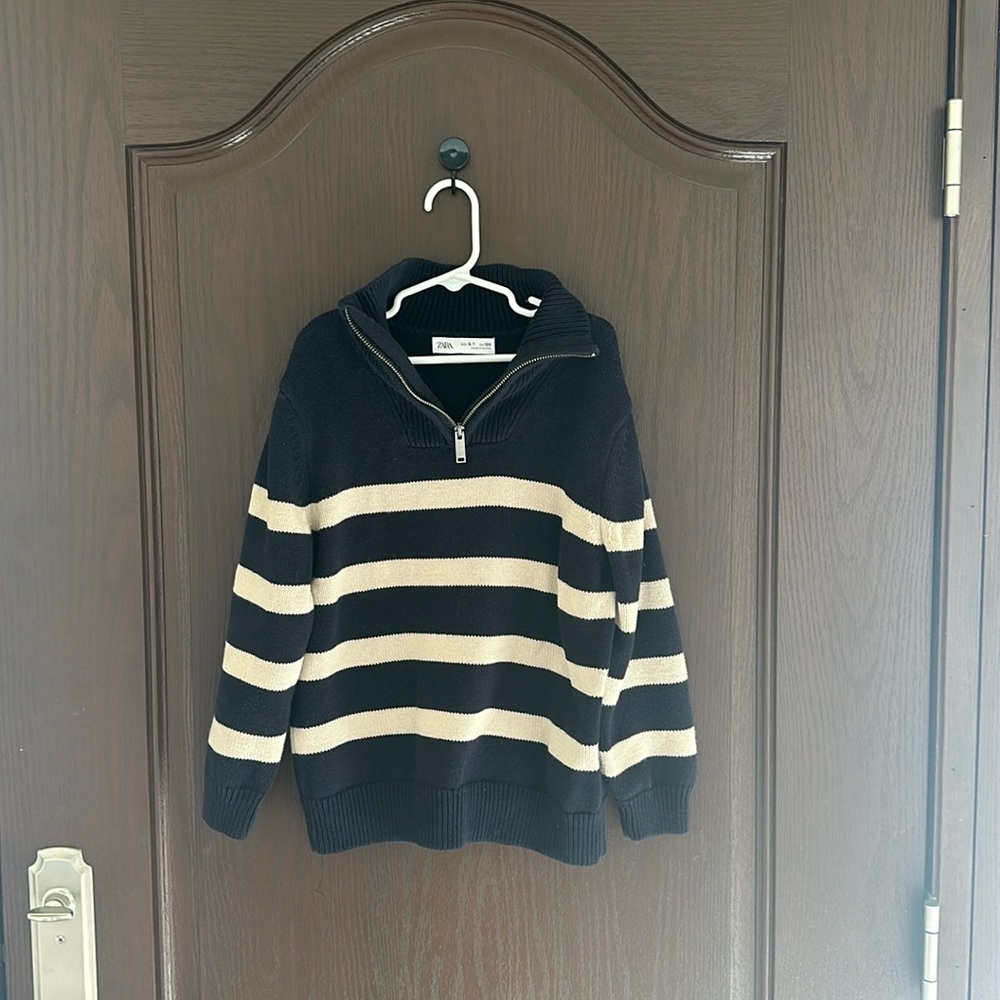 3/$25 Zara Kids 1/4 Zip Dark Blue Striped Knit Sweater Size 6-7 Minimalist